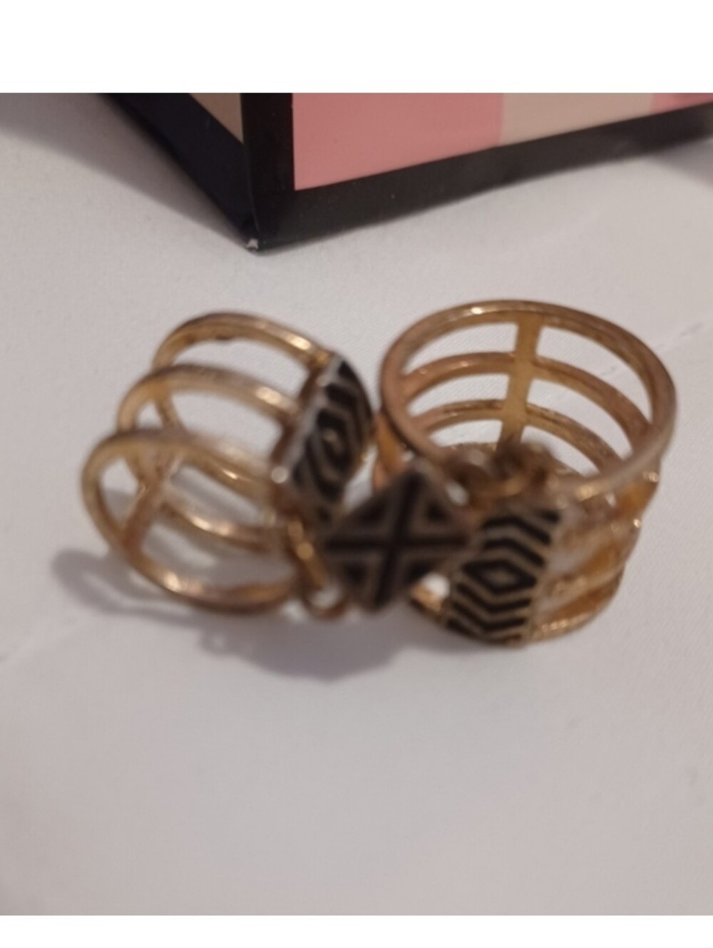New York & Company Gold Tone Linked Pinky Rings With Black Geometric Accents